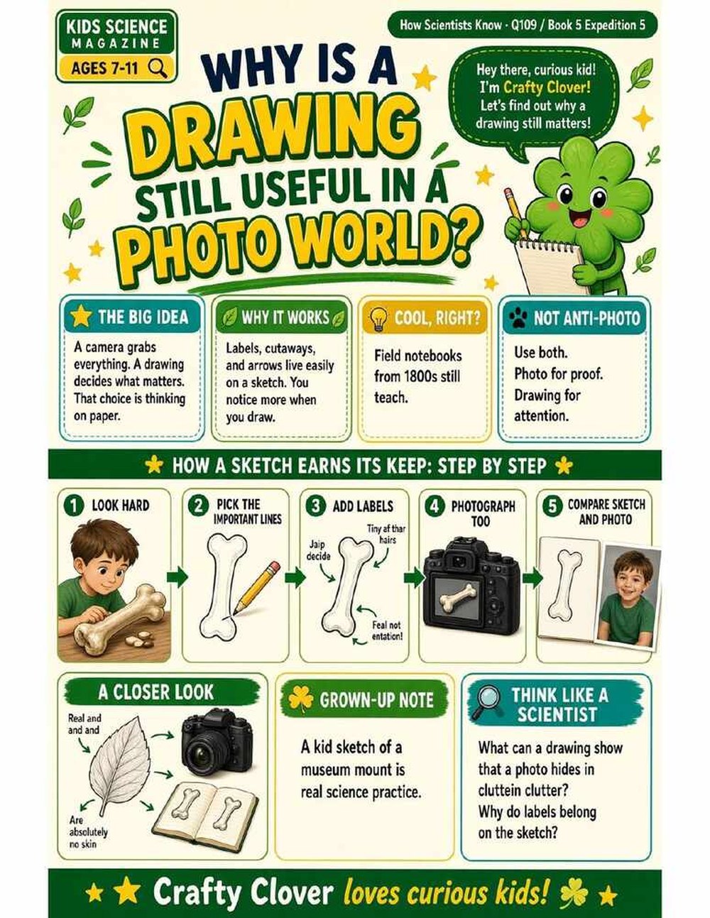 Illustrated page from A Million Whys Book 5 titled Why Is a Drawing Useful in a Photo World, with Crafty Clover.