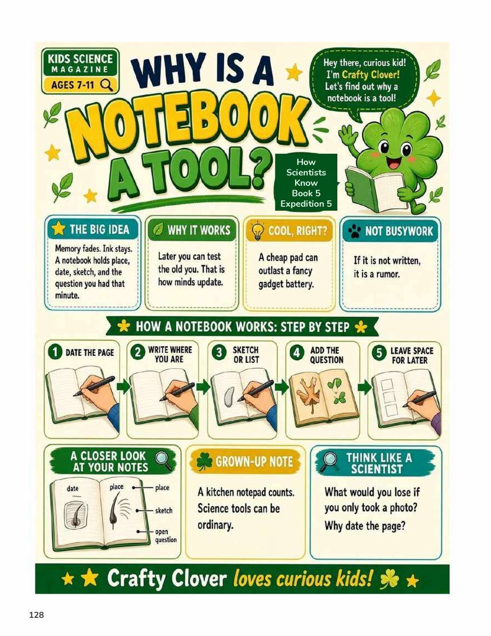 Illustrated page from A Million Whys Book 5 titled Why Is a Notebook a Tool, with Crafty Clover.