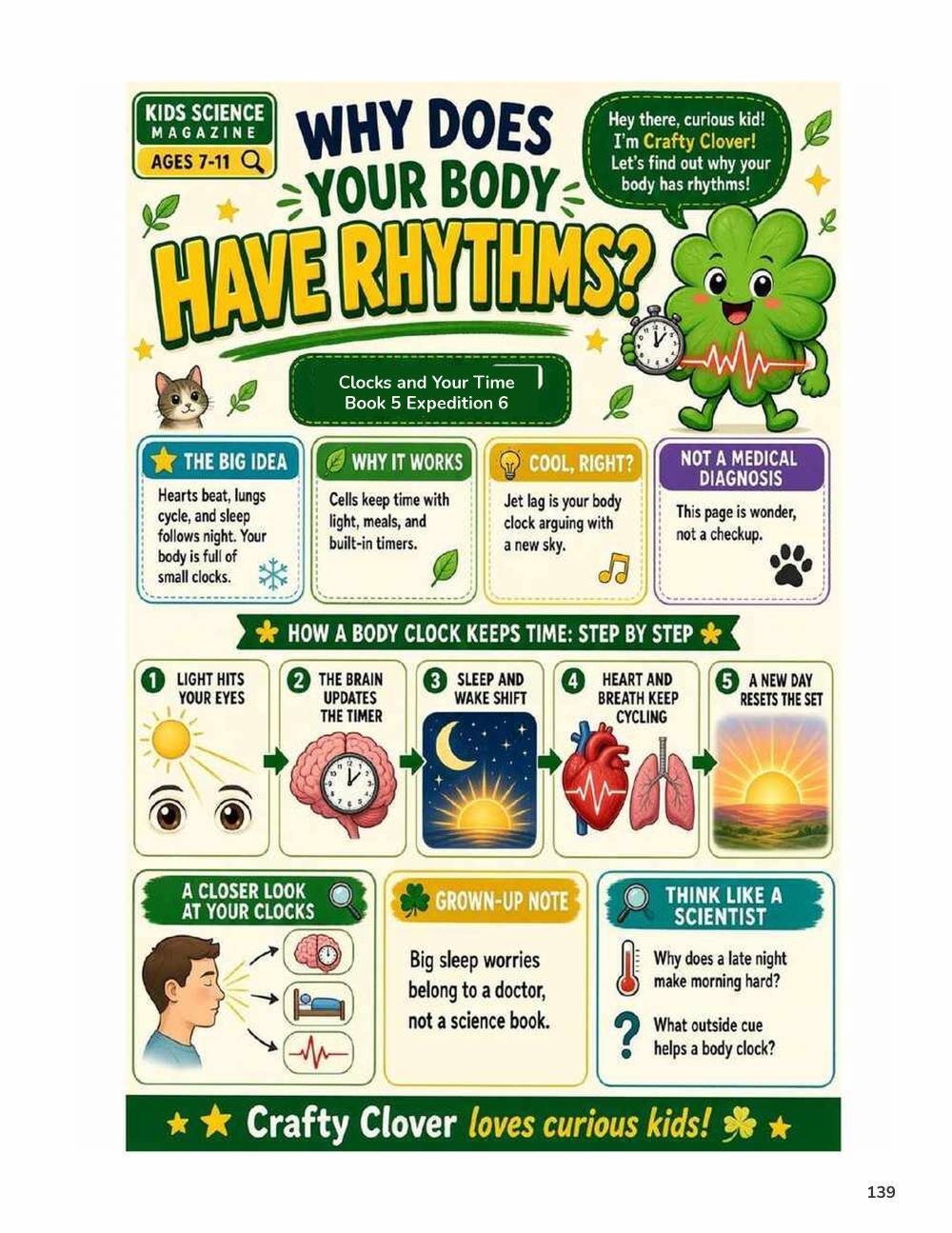 Illustrated page from A Million Whys Book 5 titled Why Does Your Body Have Rhythms, with Crafty Clover.