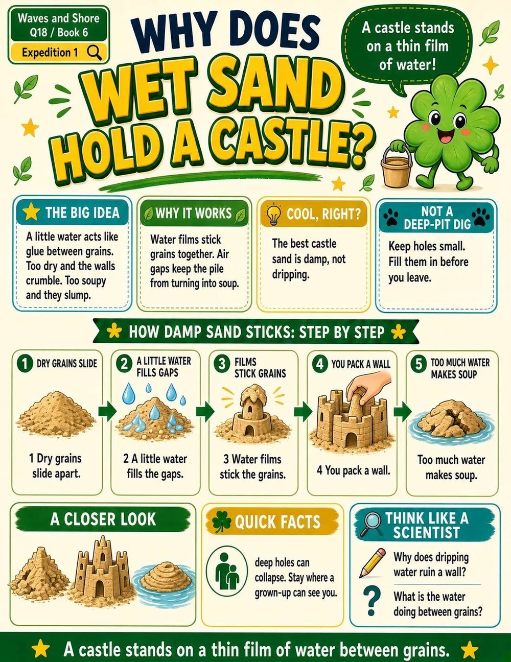 Illustrated page from A Million Whys Book 6 titled Why Does Wet Sand Hold a Castle, with Crafty Clover.