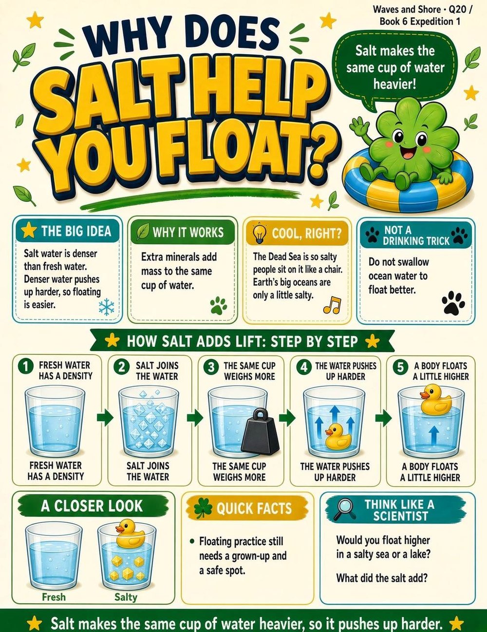 Illustrated page from A Million Whys Book 6 titled Why Does Salt Help You Float, with Crafty Clover.