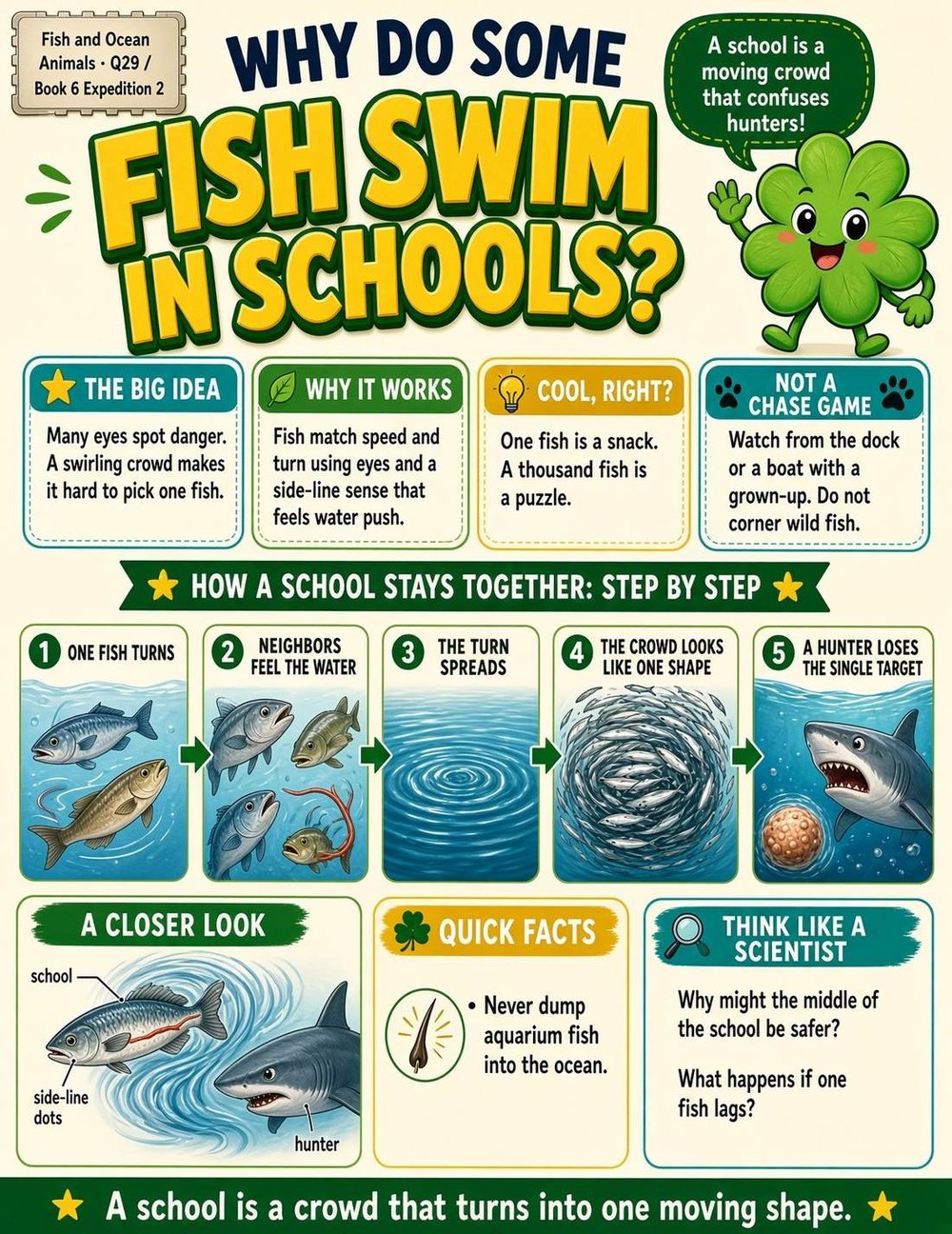 Illustrated page from A Million Whys Book 6 titled Why Do Some Fish Swim in Schools, with Crafty Clover.