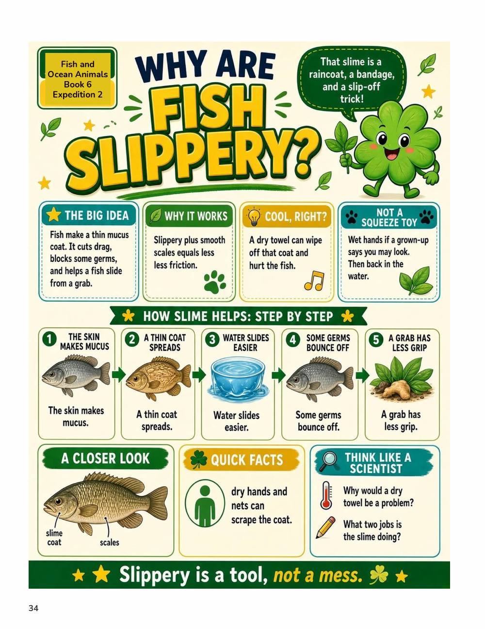 Illustrated page from A Million Whys Book 6 titled Why Are Fish Slippery, with Crafty Clover.