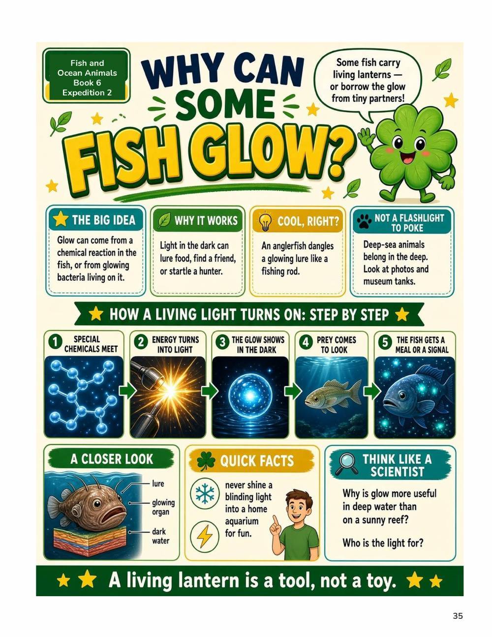 Illustrated page from A Million Whys Book 6 titled Why Can Some Fish Glow, with Crafty Clover.