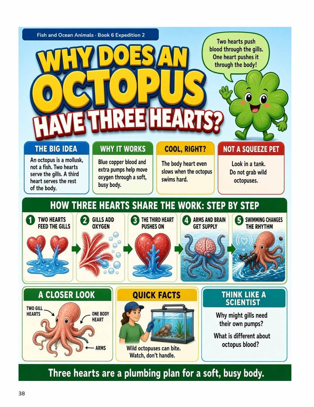 Illustrated page from A Million Whys Book 6 titled Why Does an Octopus Have Three Hearts, with Crafty Clover.