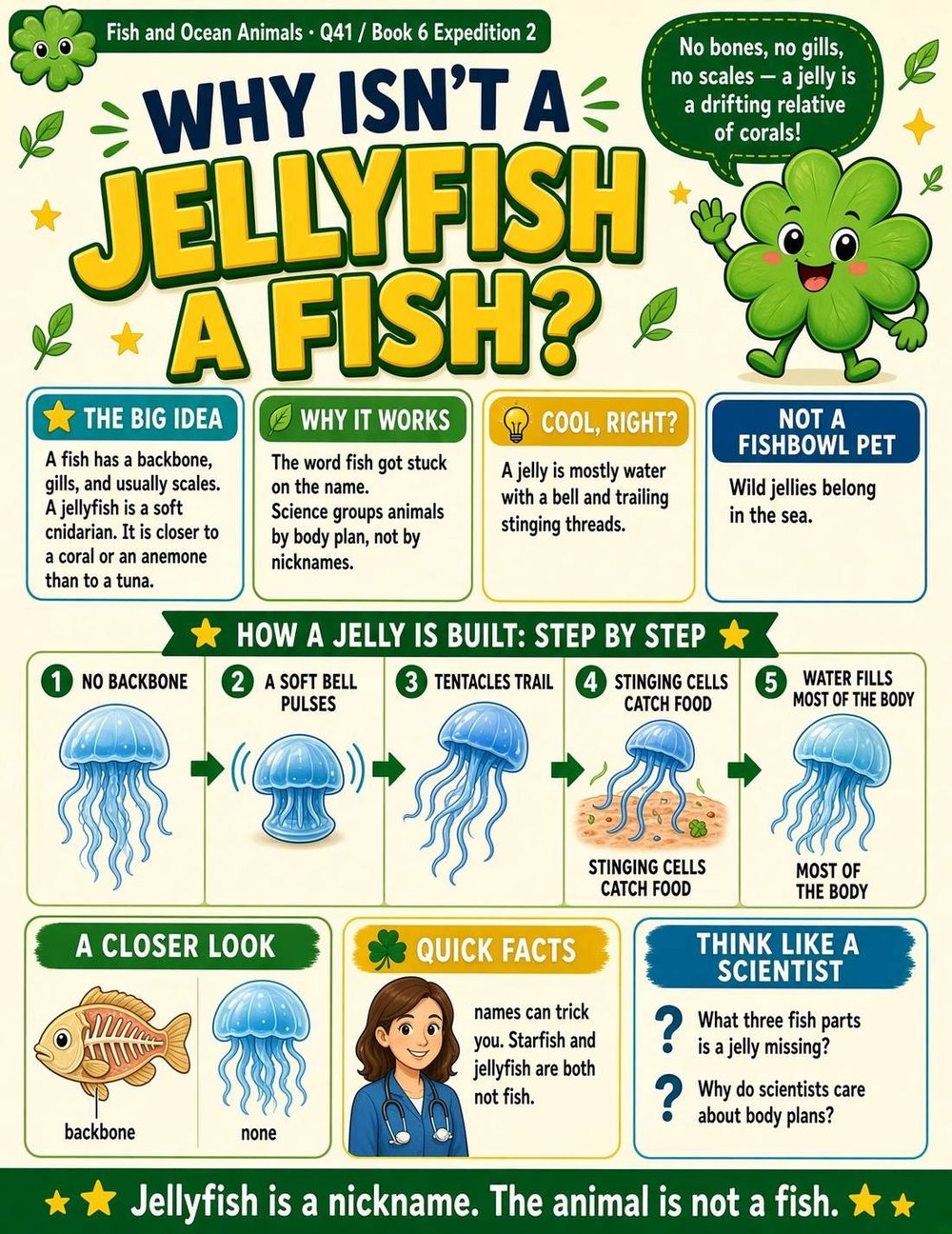 Illustrated page from A Million Whys Book 6 titled Why Isn't a Jellyfish a Fish, with Crafty Clover.