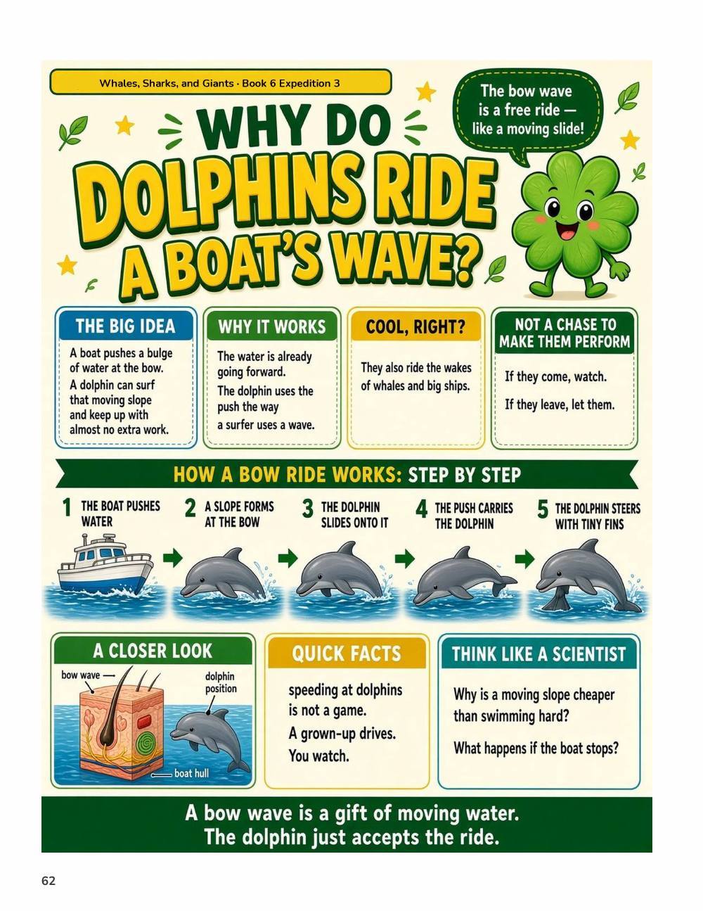 Illustrated page from A Million Whys Book 6 titled Why Do Dolphins Ride a Boat's Wave, with Crafty Clover.