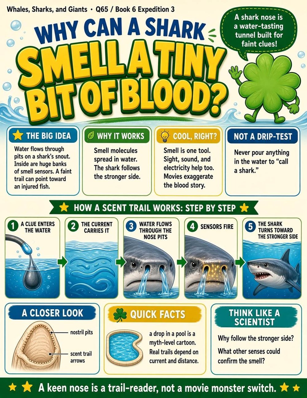 Illustrated page from A Million Whys Book 6 titled Why Can a Shark Smell a Tiny Bit of Blood, with Crafty Clover.
