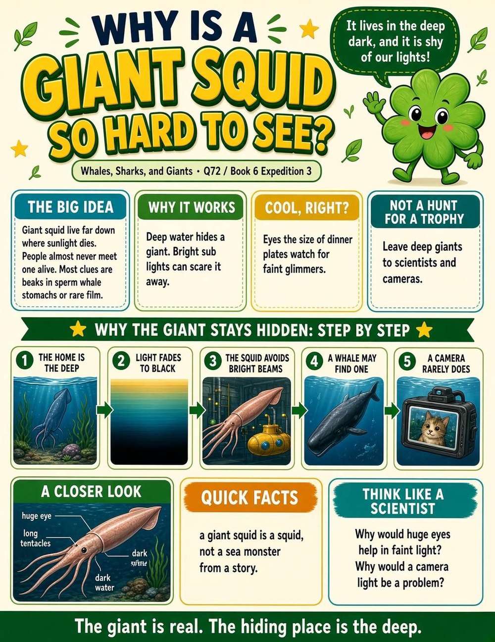 Illustrated page from A Million Whys Book 6 titled Why Is a Giant Squid So Hard to See, with Crafty Clover.