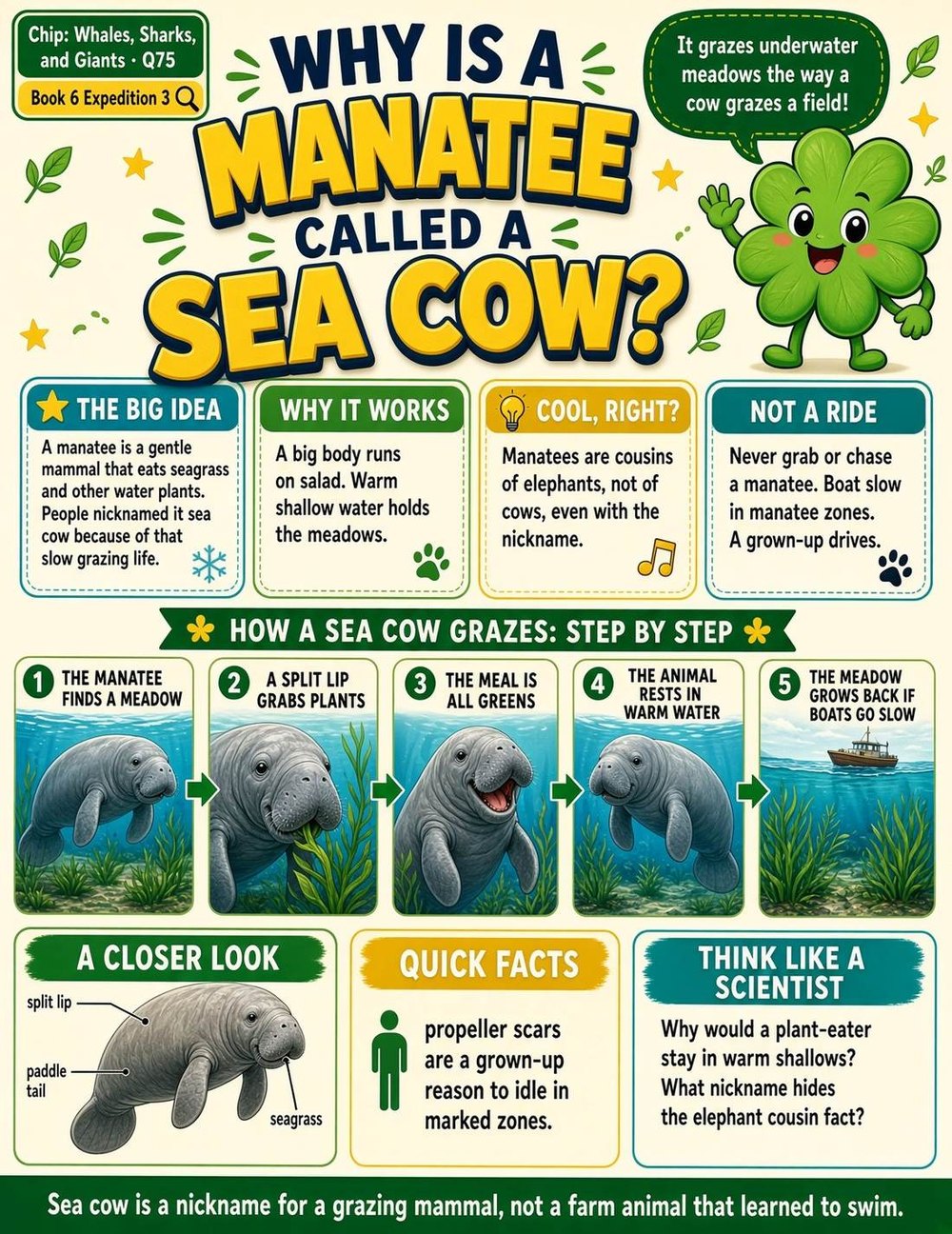 Illustrated page from A Million Whys Book 6 titled Why Is a Manatee Called a Sea Cow, with Crafty Clover.