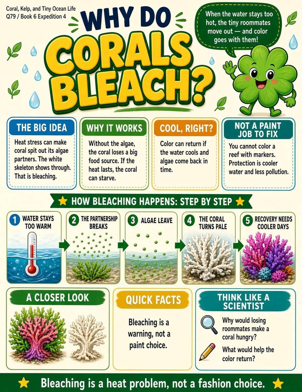 Illustrated page from A Million Whys Book 6 titled Why Do Corals Bleach, with Crafty Clover.