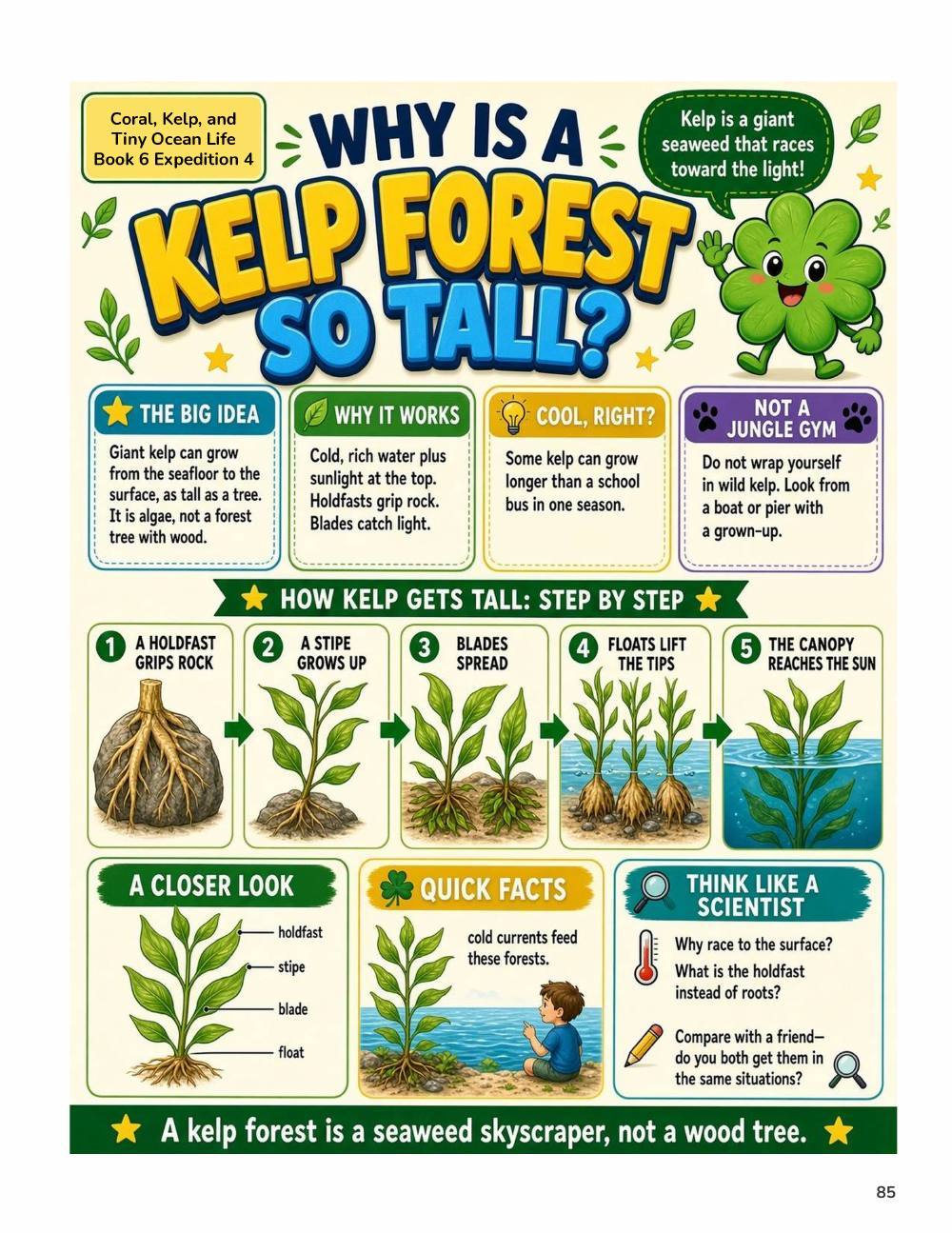 Illustrated page from A Million Whys Book 6 titled Why Is a Kelp Forest So Tall, with Crafty Clover.