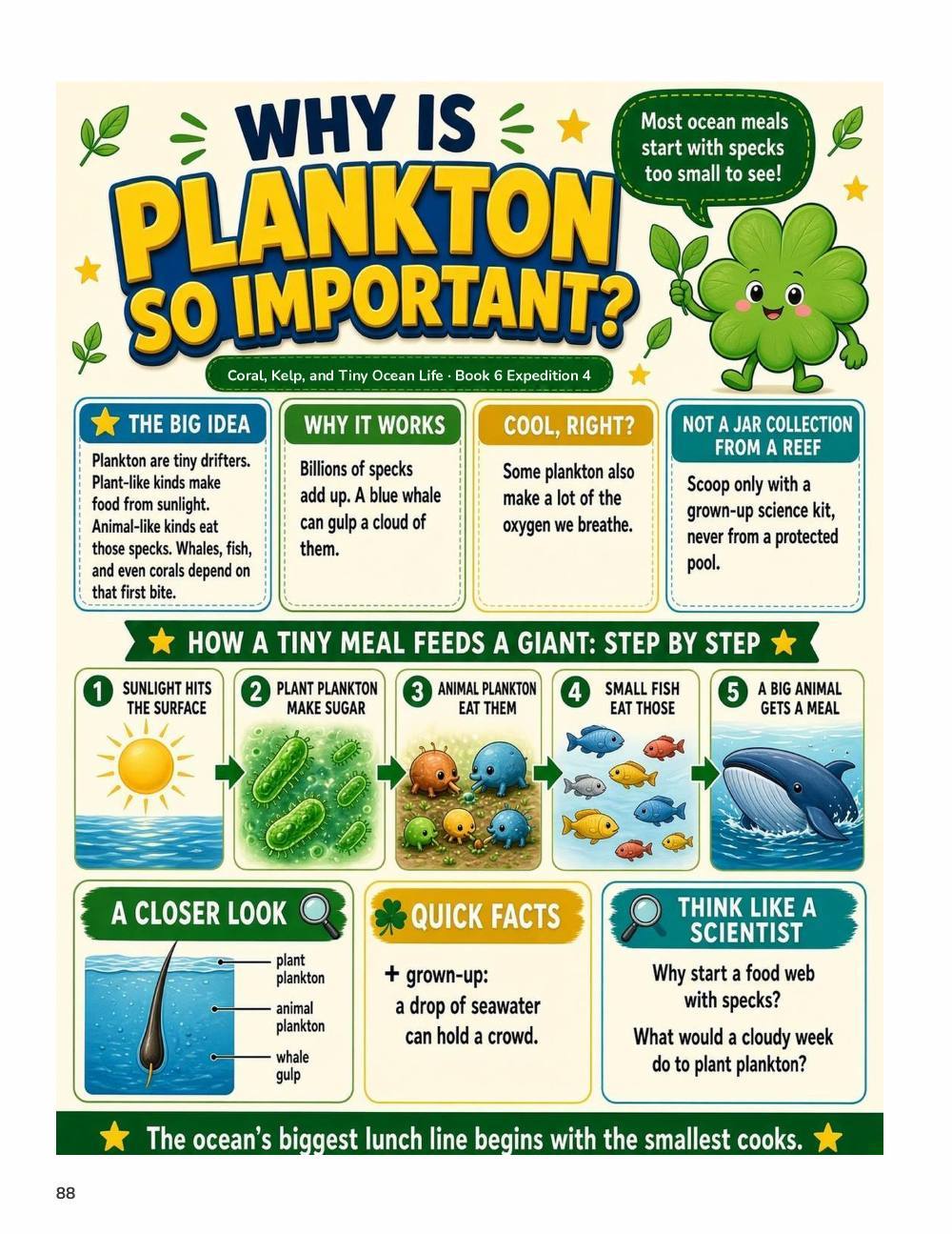 Illustrated page from A Million Whys Book 6 titled Why Is Plankton So Important, with Crafty Clover.