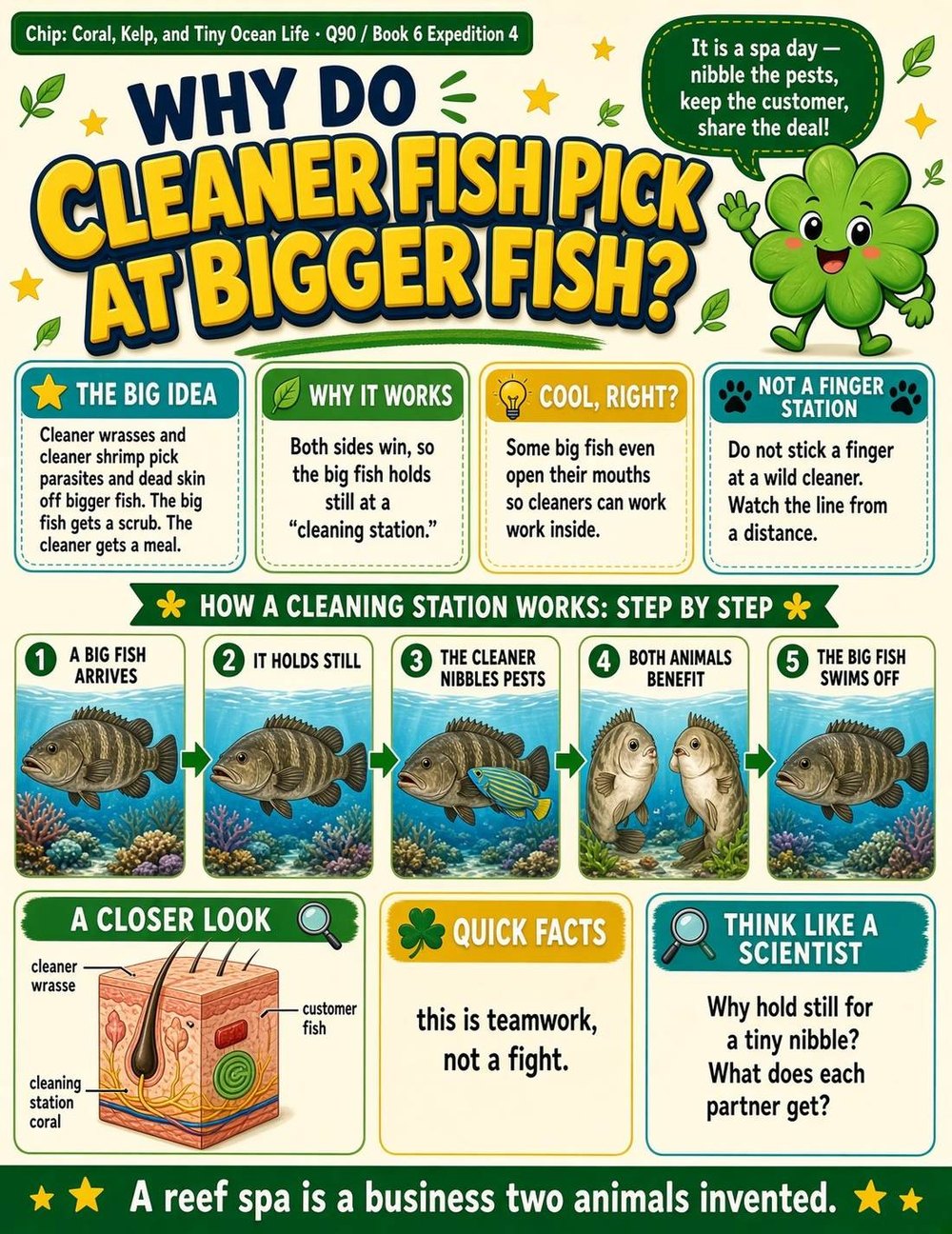 Illustrated page from A Million Whys Book 6 titled Why Do Cleaner Fish Pick at Bigger Fish, with Crafty Clover.