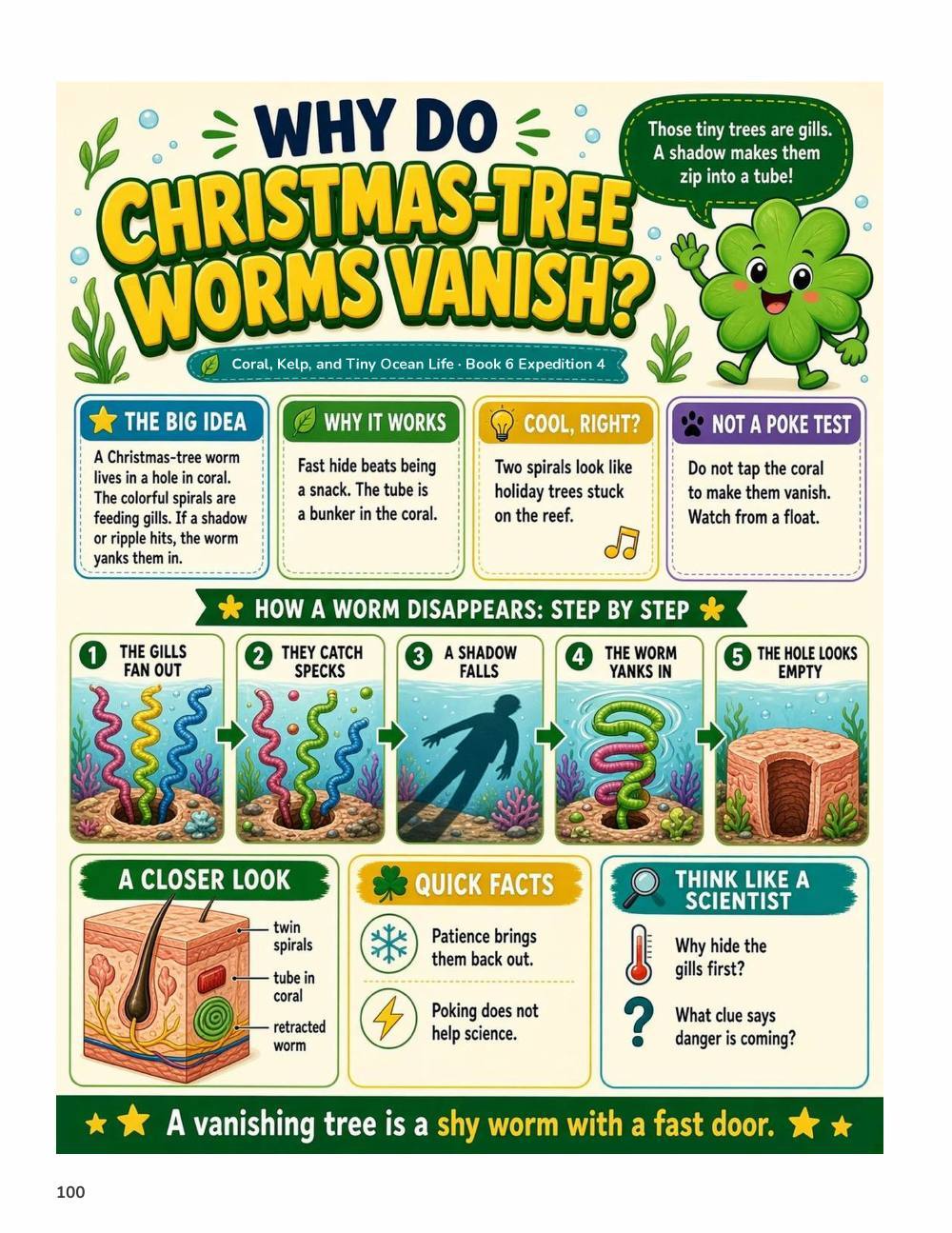 Illustrated page from A Million Whys Book 6 titled Why Do Christmas-Tree Worms Vanish, with Crafty Clover.
