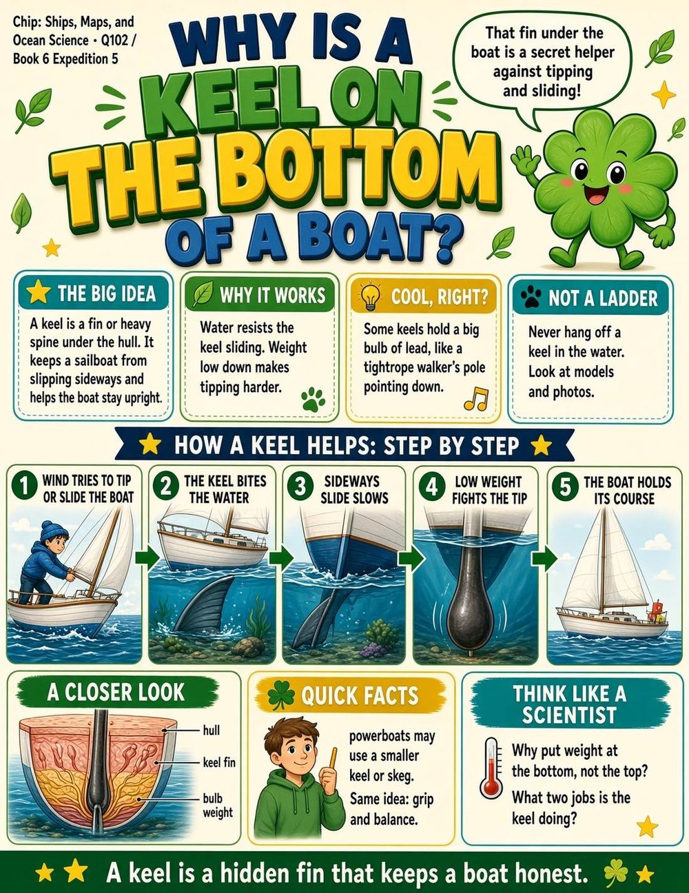 Illustrated page from A Million Whys Book 6 titled Why Is a Keel on the Bottom of a Boat, with Crafty Clover.