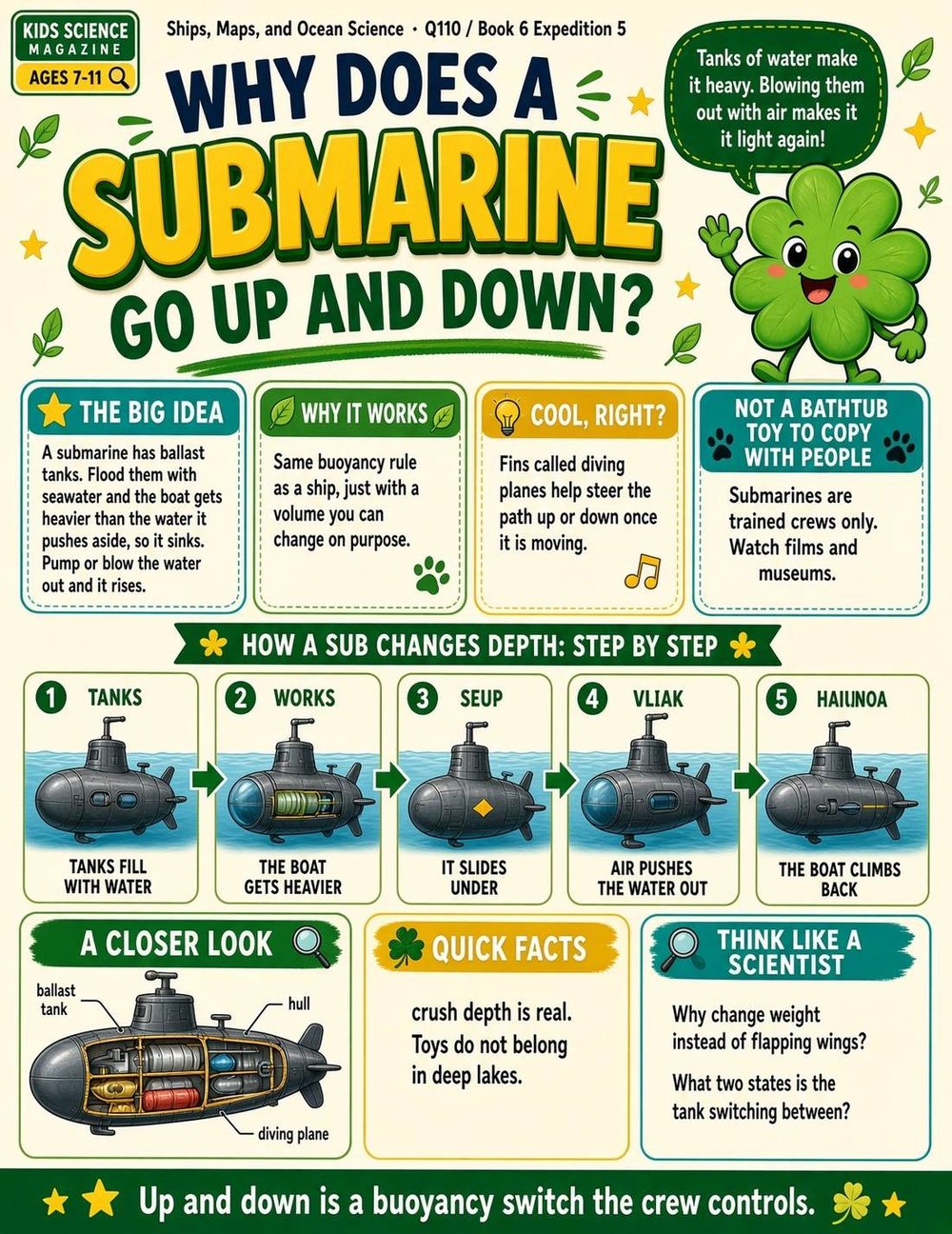 Illustrated page from A Million Whys Book 6 titled Why Does a Submarine Go Up and Down, with Crafty Clover.
