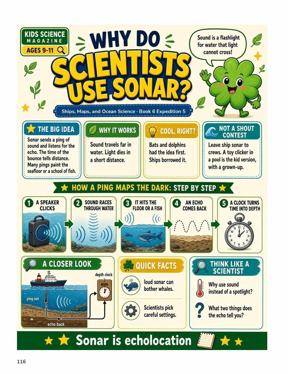 Illustrated page from A Million Whys Book 6 titled Why Do Scientists Use Sonar, with Crafty Clover.
