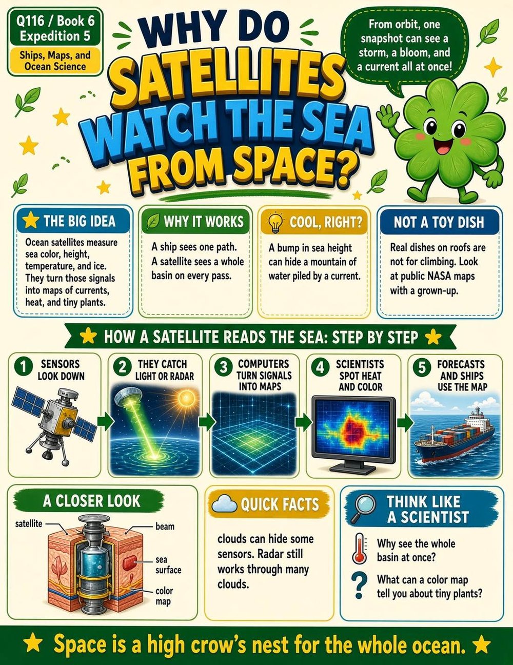 Illustrated page from A Million Whys Book 6 titled Why Do Satellites Watch the Sea From Space, with Crafty Clover.