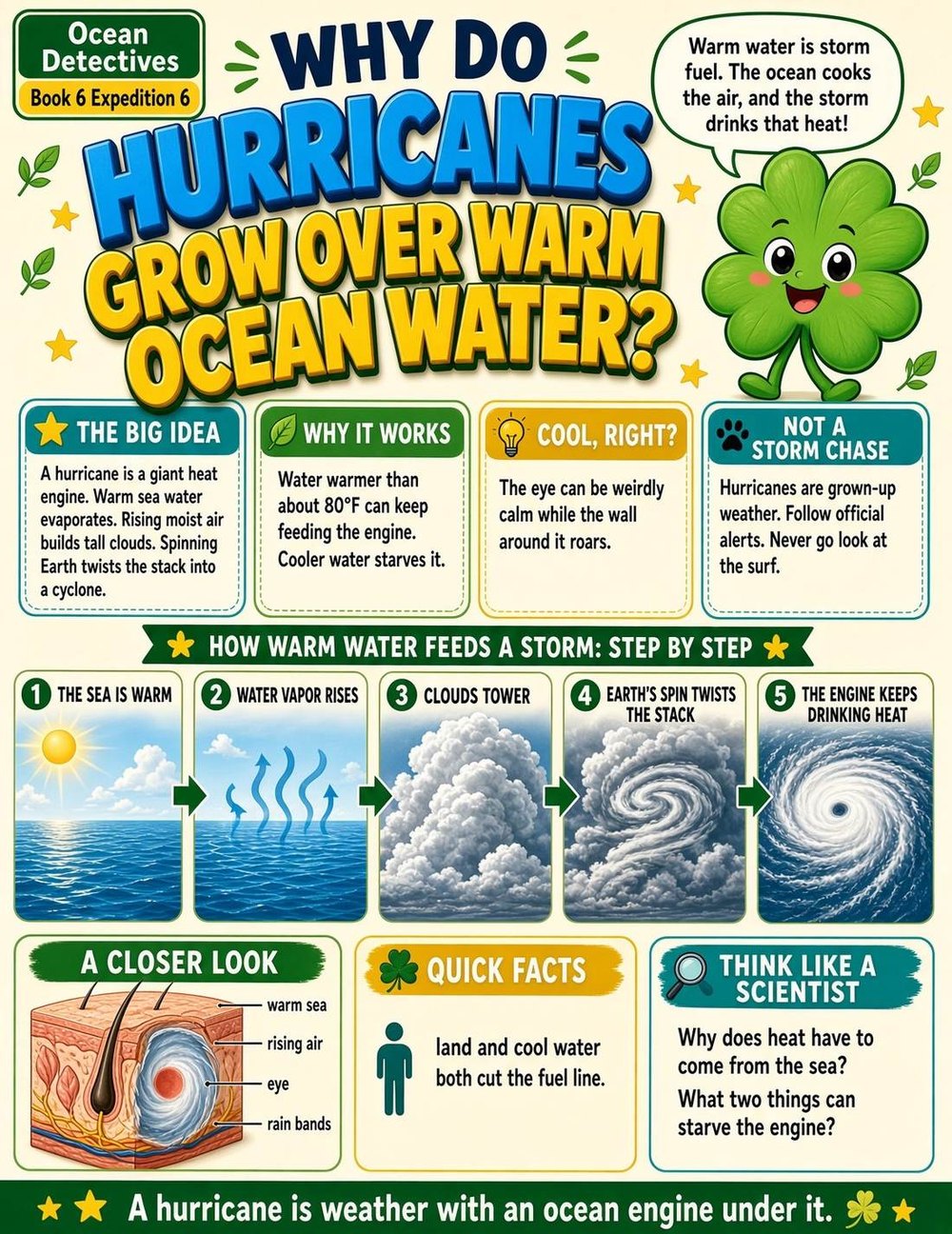 Illustrated page from A Million Whys Book 6 titled Why Do Hurricanes Grow Over Warm Ocean Water, with Crafty Clover.