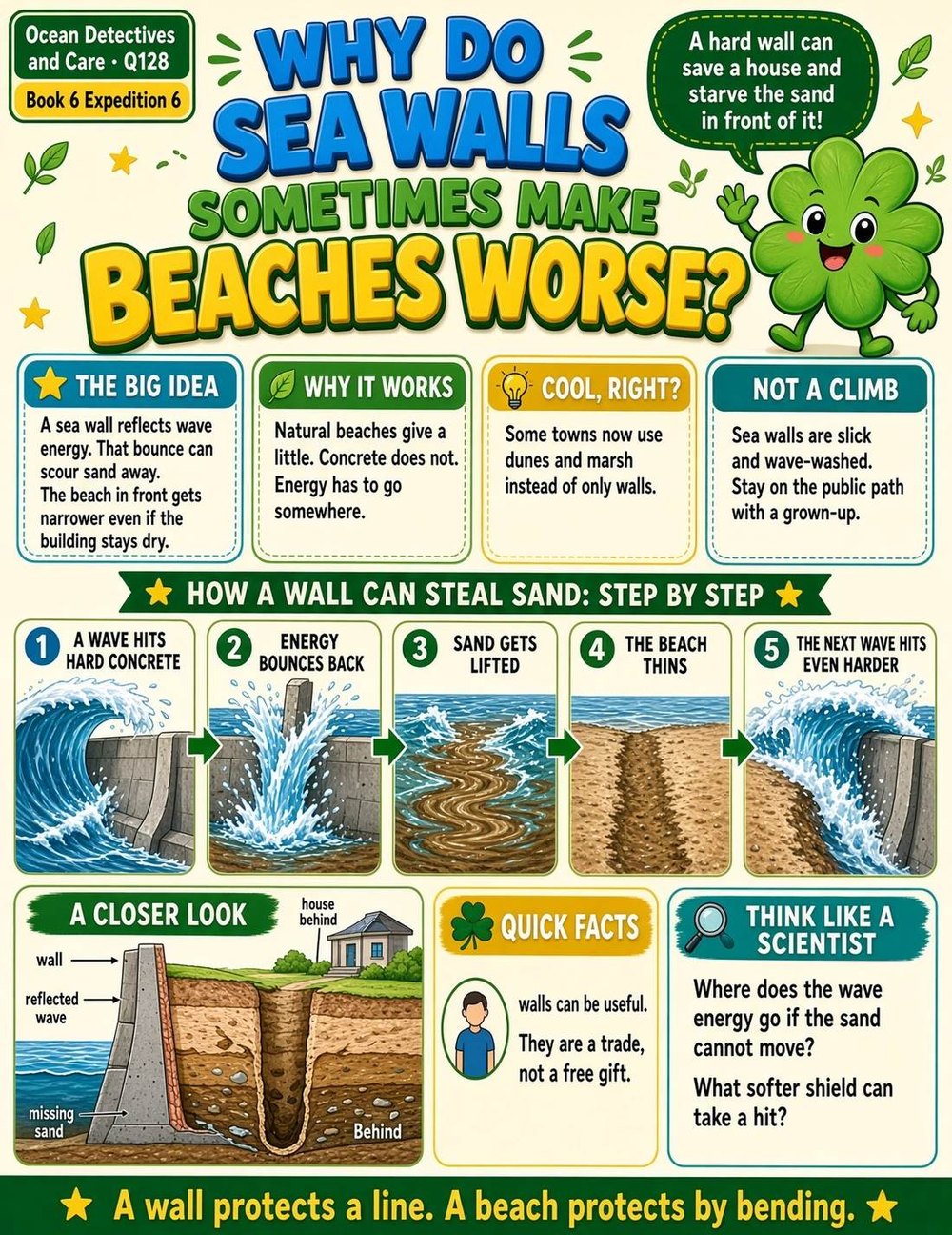 Illustrated page from A Million Whys Book 6 titled Why Do Sea Walls Sometimes Make Beaches Worse, with Crafty Clover.