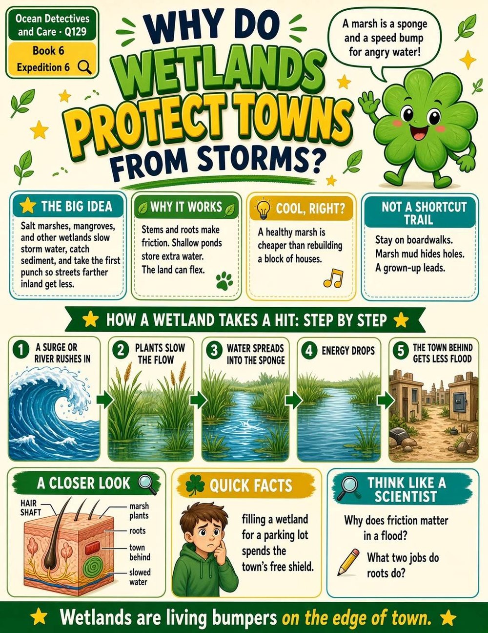 Illustrated page from A Million Whys Book 6 titled Why Do Wetlands Protect Towns From Storms, with Crafty Clover.