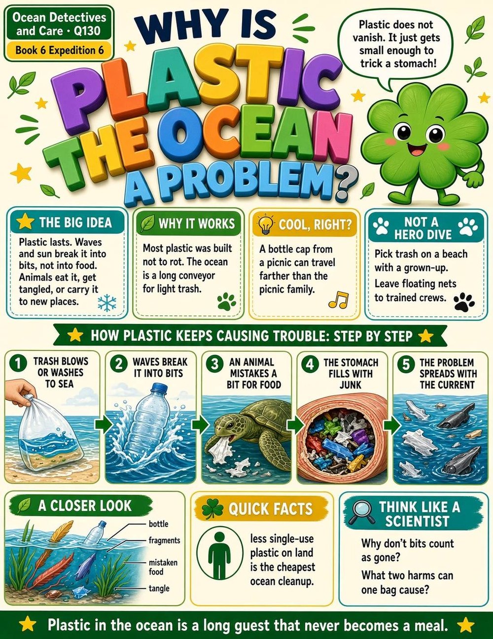 Illustrated page from A Million Whys Book 6 titled Why Is Plastic in the Ocean a Problem, with Crafty Clover.