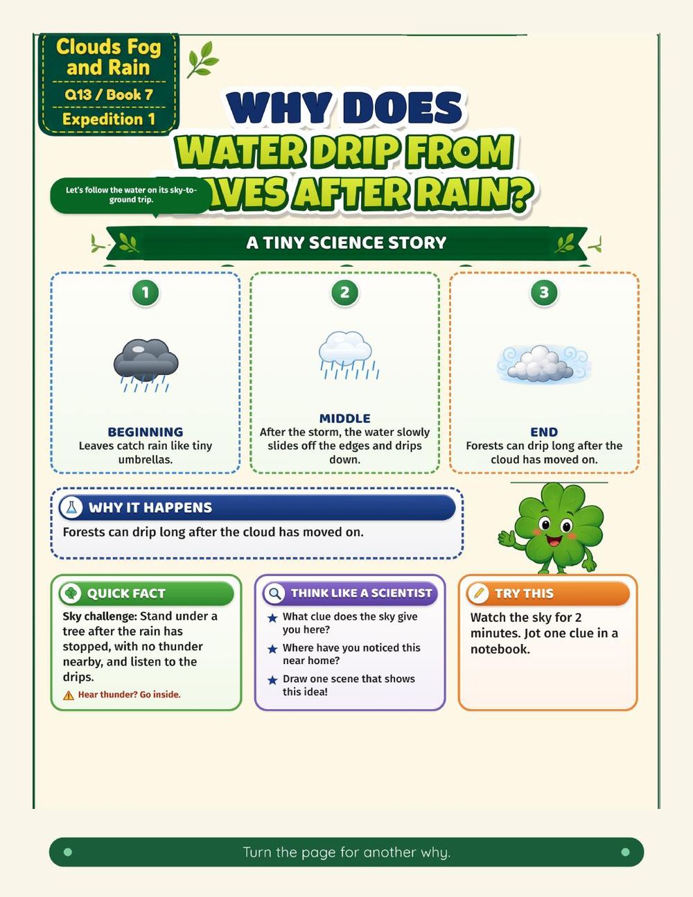 Illustrated page from A Million Whys Book 7 titled Why Does Water Drip From Leaves After Rain, with Crafty Clover.