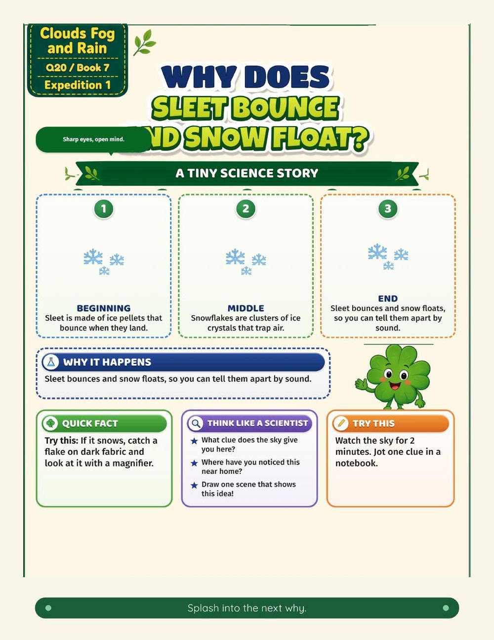 Illustrated page from A Million Whys Book 7 titled Why Does Sleet Bounce and Snow Float, with Crafty Clover.