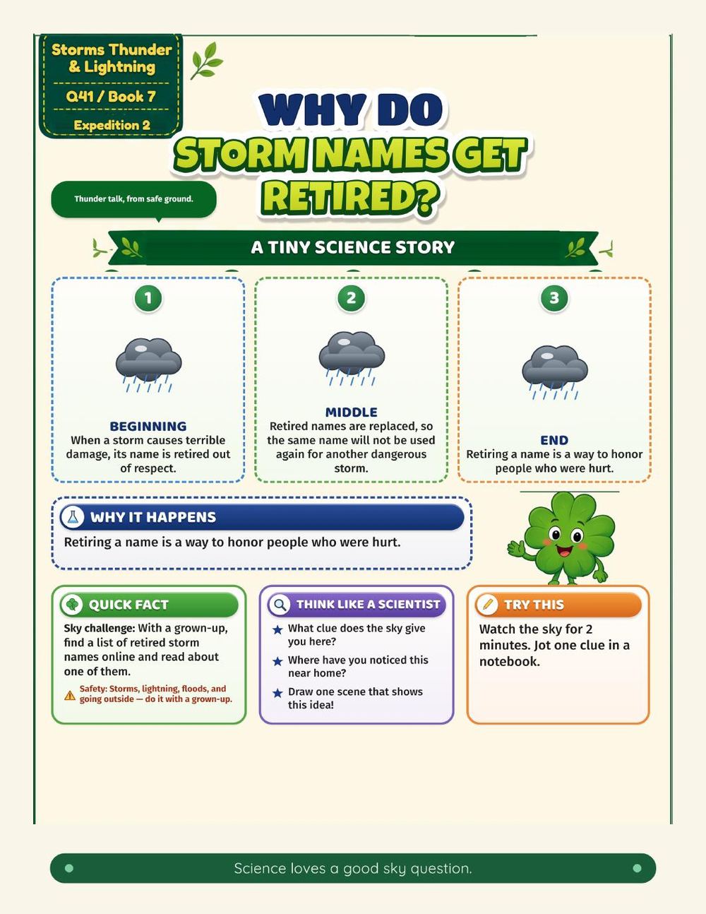 Illustrated page from A Million Whys Book 7 titled Why Do Storm Names Get Retired, with Crafty Clover.