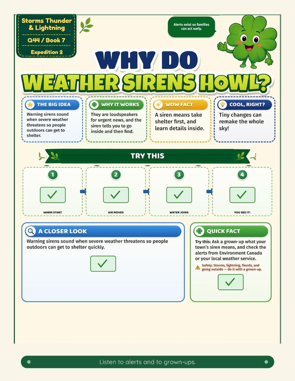 Illustrated page from A Million Whys Book 7 titled Why Do Weather Sirens Howl, with Crafty Clover.