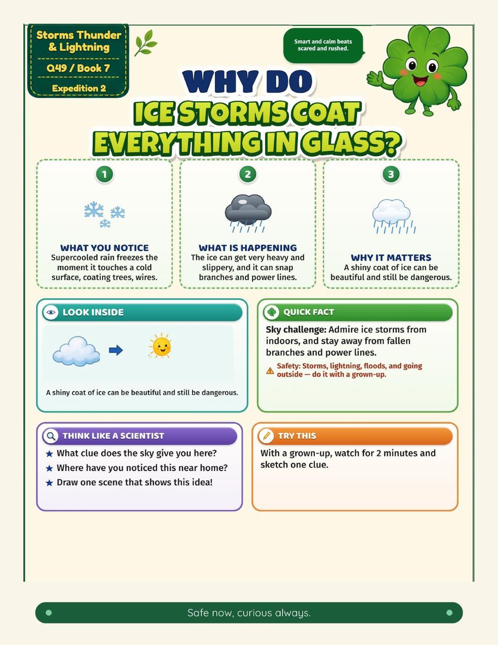 Illustrated page from A Million Whys Book 7 titled Why Do Ice Storms Coat Everything in Glass, with Crafty Clover.