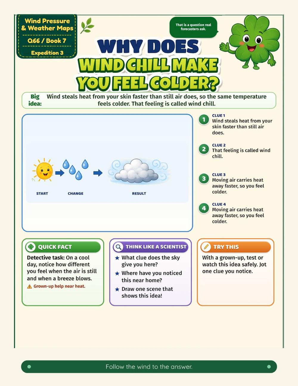 Illustrated page from A Million Whys Book 7 titled Why Does Wind Chill Make You Feel Colder, with Crafty Clover.