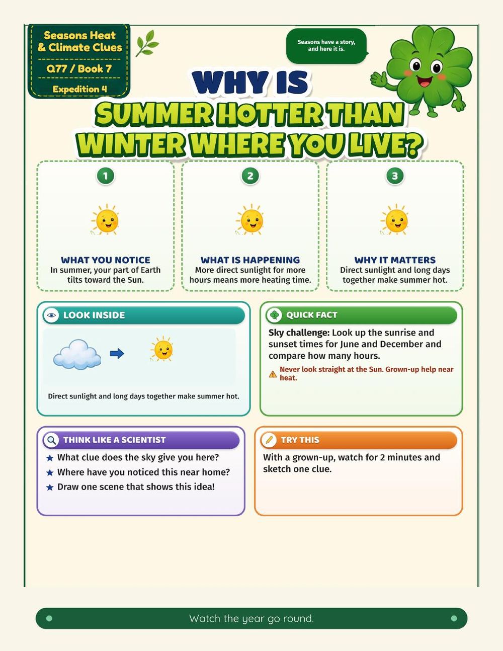 Illustrated page from A Million Whys Book 7 titled Why Is Summer Hotter than Winter Where You Live, with Crafty Clover.