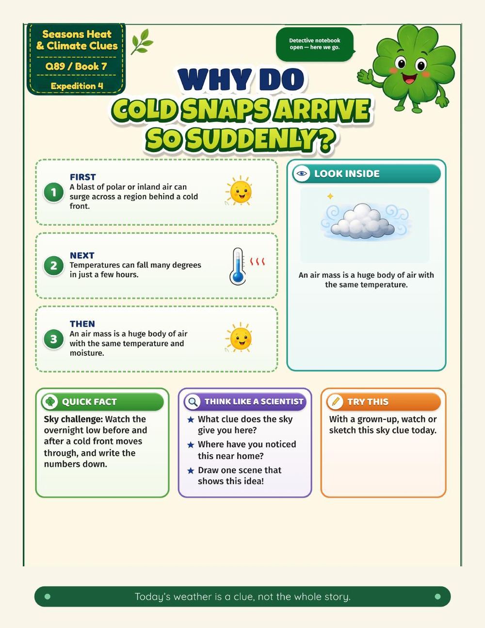 Illustrated page from A Million Whys Book 7 titled Why Do Cold Snaps Arrive So Suddenly, with Crafty Clover.