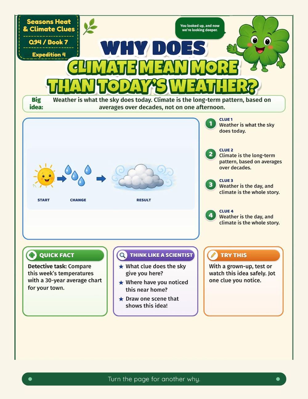 Illustrated page from A Million Whys Book 7 titled Why Does Climate Mean More than Today’s Weather, with Crafty Clover.