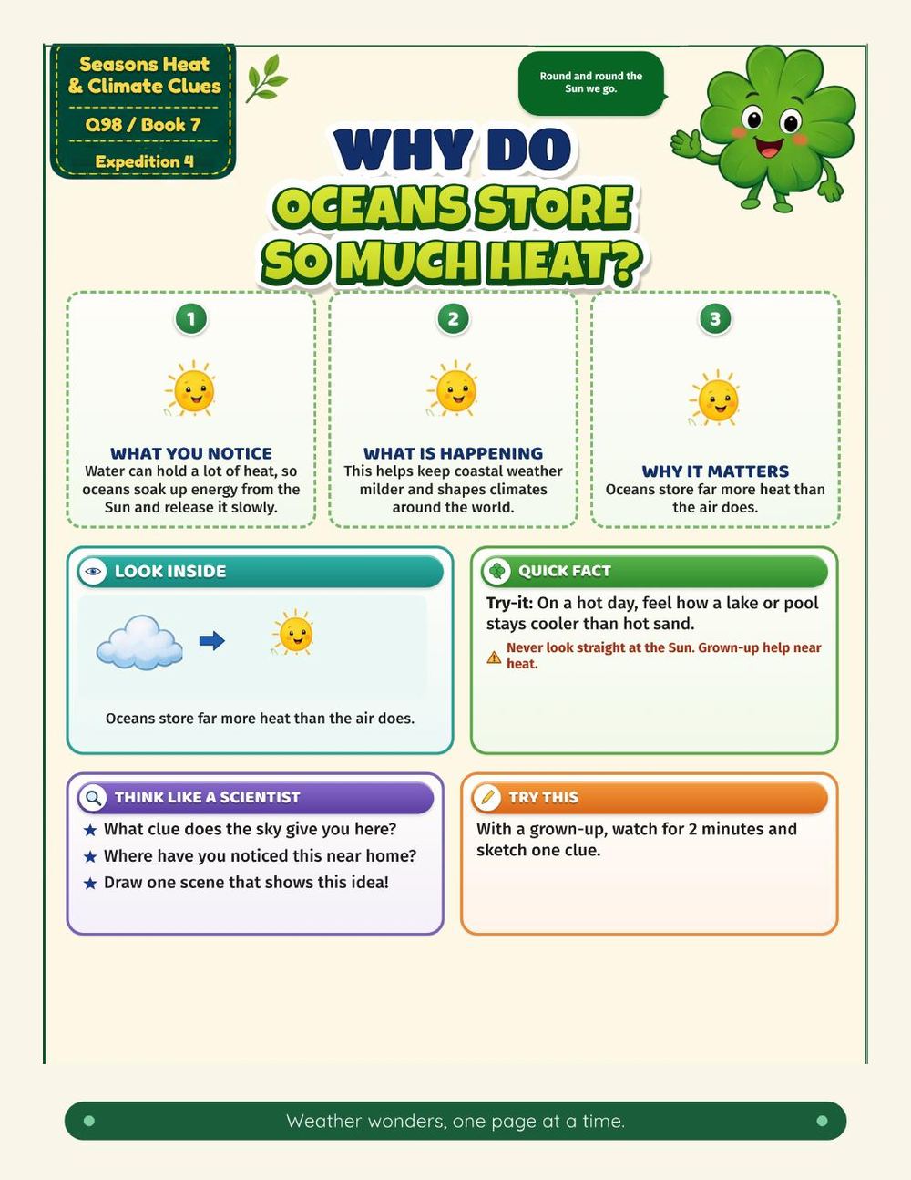 Illustrated page from A Million Whys Book 7 titled Why Do Oceans Store So Much Heat, with Crafty Clover.