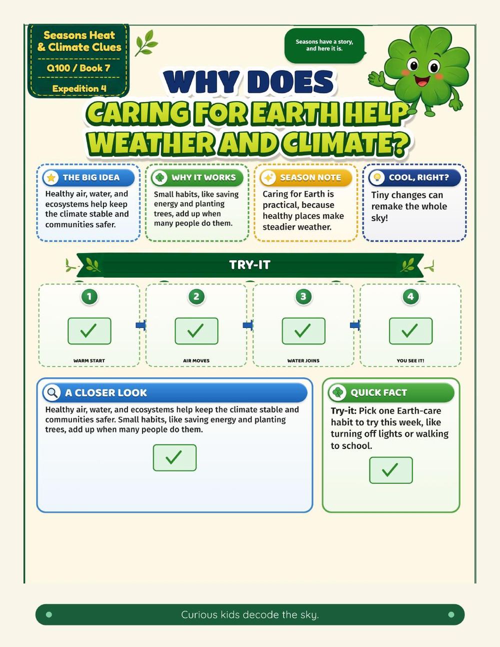 Illustrated page from A Million Whys Book 7 titled Why Does Caring for Earth Help Weather and Climate, with Crafty Clover.