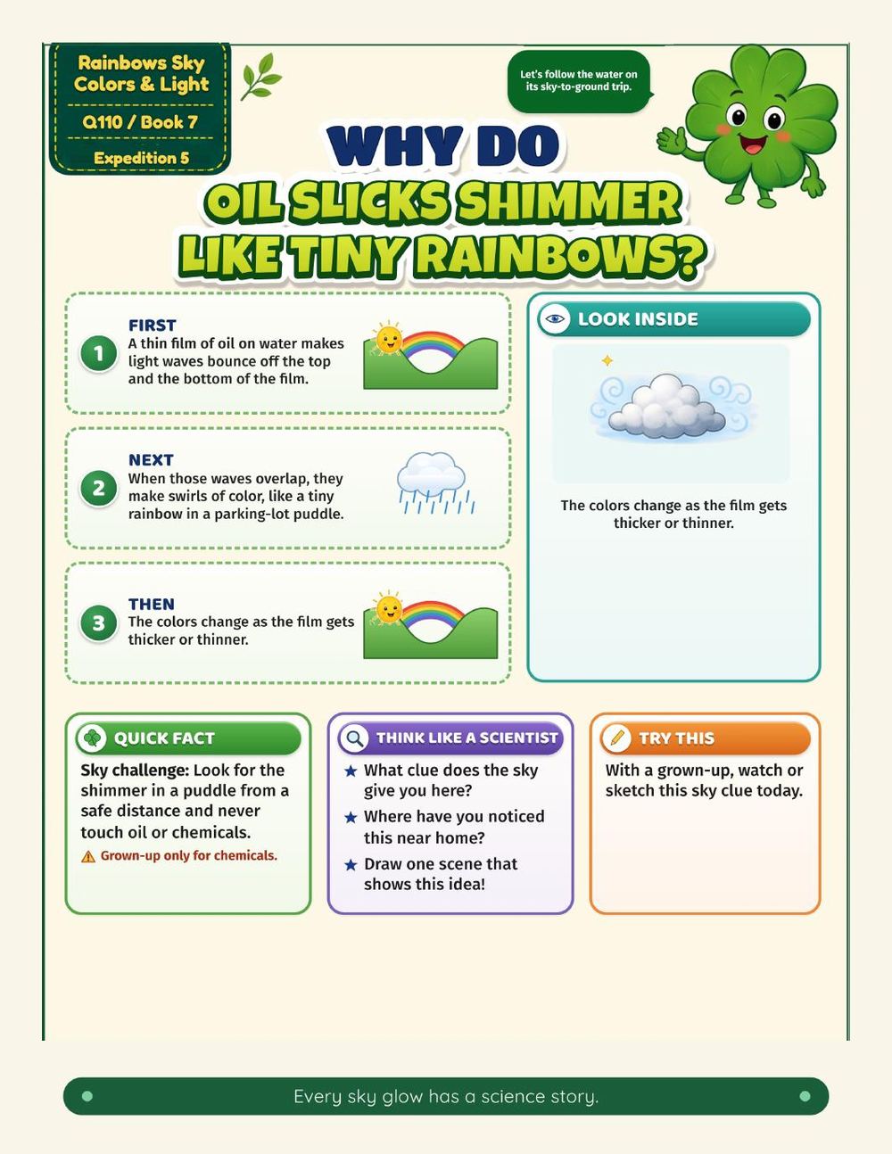 Illustrated page from A Million Whys Book 7 titled Why Do Oil Slicks Shimmer Like Tiny Rainbows, with Crafty Clover.