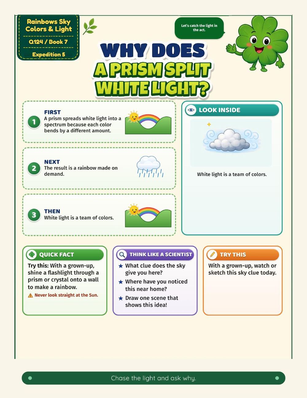 Illustrated page from A Million Whys Book 7 titled Why Does a Prism Split White Light, with Crafty Clover.