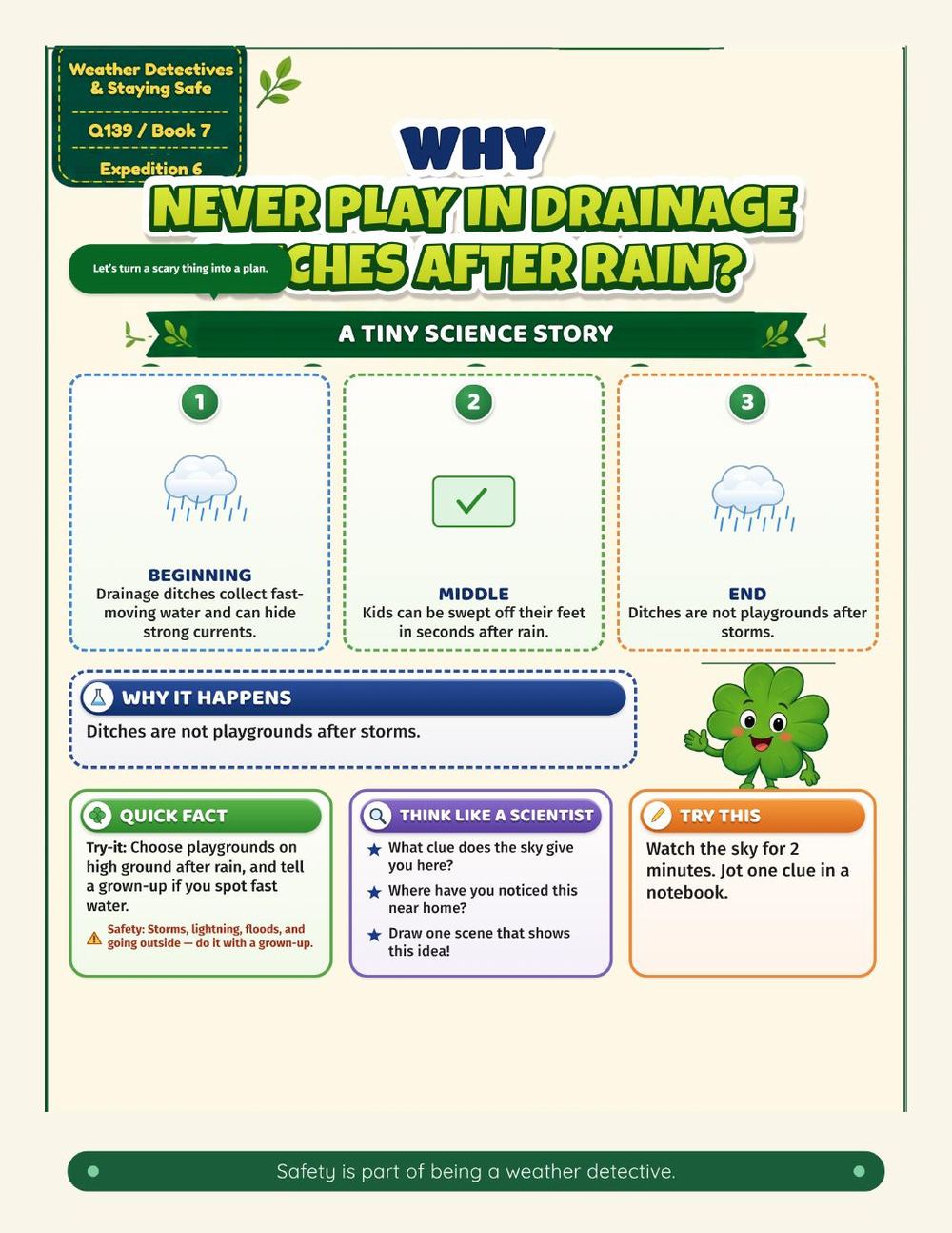Illustrated page from A Million Whys Book 7 titled Why Never Play in Drainage Ditches After Rain, with Crafty Clover.