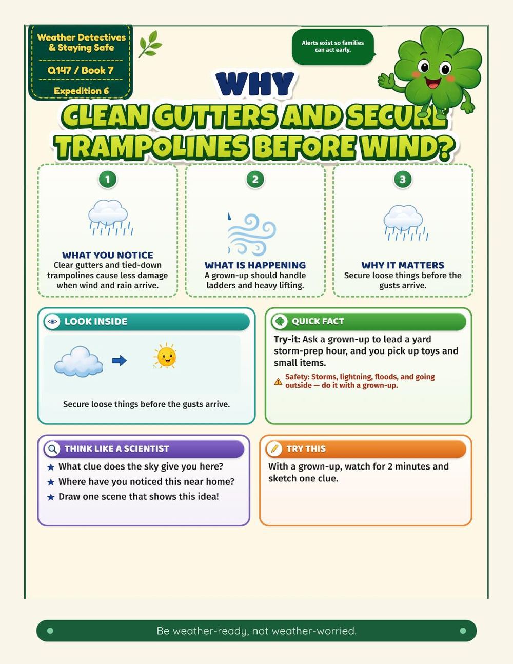 Illustrated page from A Million Whys Book 7 titled Why Clean Gutters and Secure Trampolines Before Wind, with Crafty Clover.