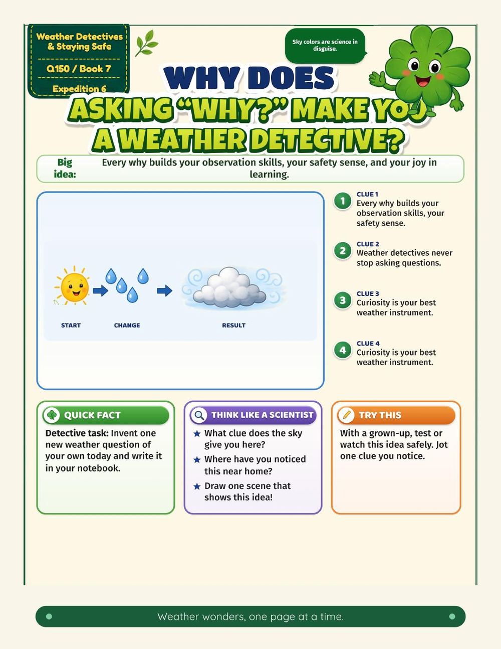 Illustrated page from A Million Whys Book 7 titled Why Does Asking “Why?” Make You a Weather Detective, with Crafty Clover.