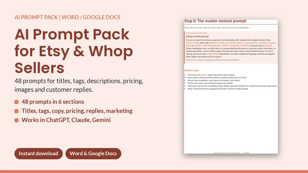 Cover of AI Prompt Pack for Etsy & Whop Sellers - 48 Listing, SEO & Reply Prompts