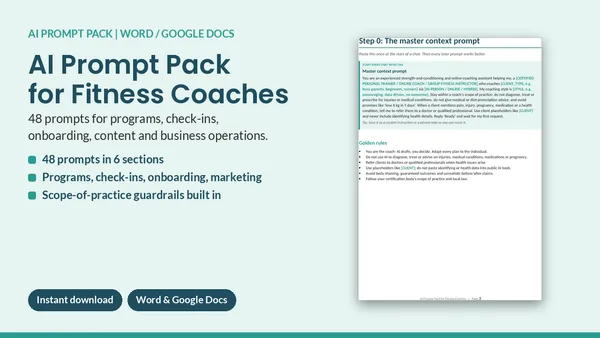Cover of AI Prompt Pack for Fitness Coaches - 48 Program, Check-In & Client Prompts