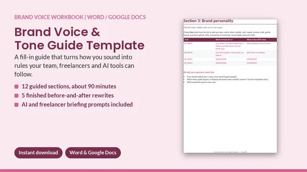 Cover of Brand Voice & Tone Guide Template - 12-Section Fill-In Workbook
