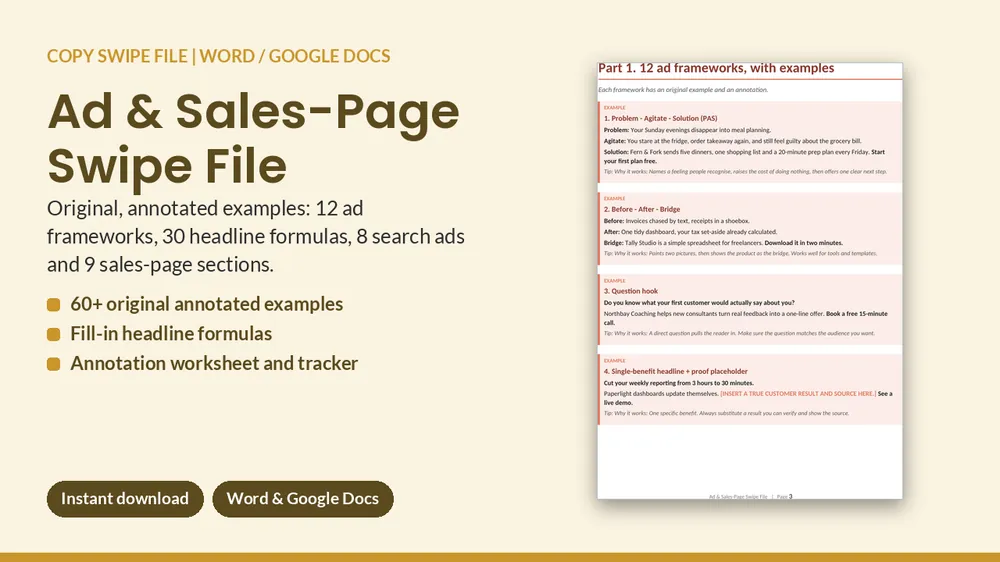 Cover of Ad & Sales-Page Swipe File - 60+ Original Annotated Copy Examples