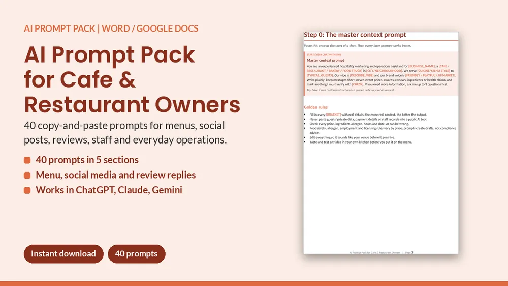 Cover of AI Prompt Pack for Cafe & Restaurant Owners - 40 Prompts
