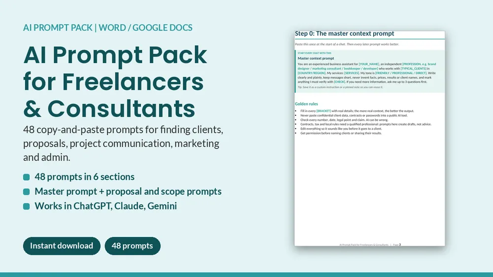 Cover of AI Prompt Pack for Freelancers & Consultants - 48 Client Prompts