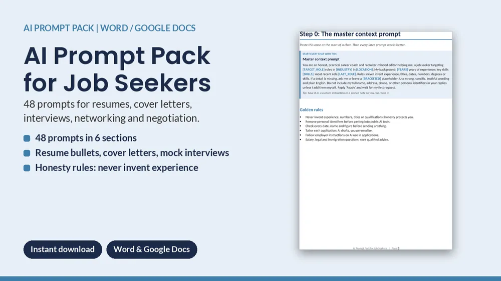 Cover of AI Prompt Pack for Job Seekers - 48 Resume, Interview & Offer Prompts